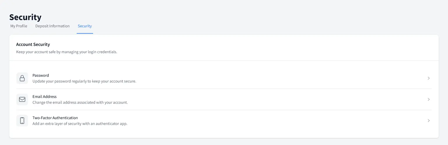 Account security settings showing two-factor authentication setup, password management, and email verification options