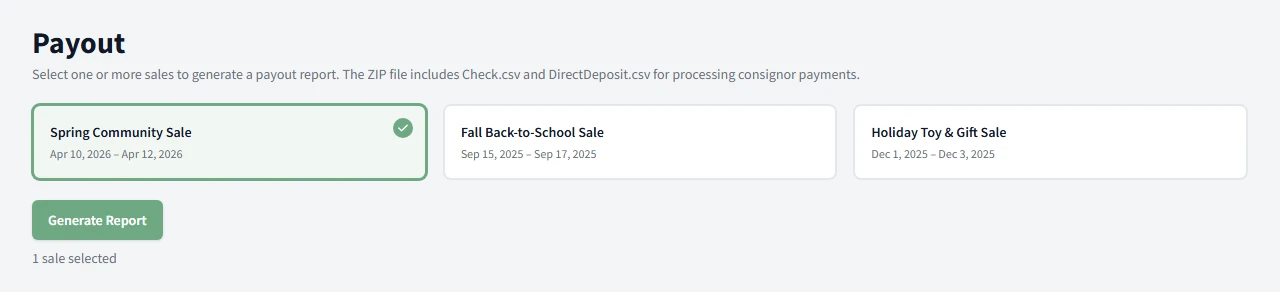Payout page with sale selection cards and generate report button