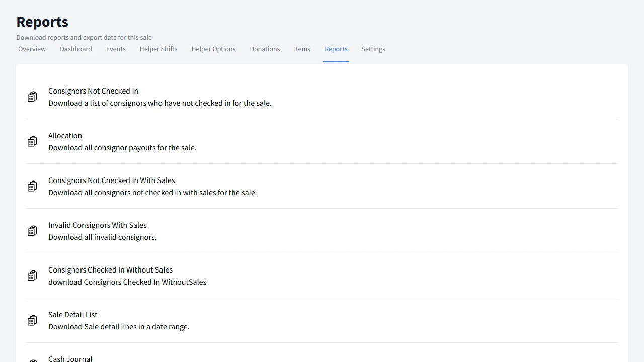 Reports dashboard with available financial and operational report options