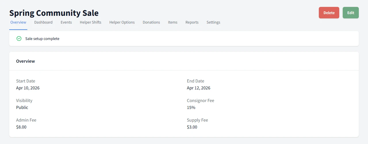 Individual sale overview showing item counts, registration, and revenue