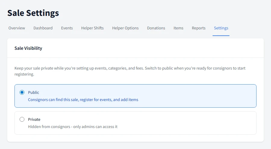 Sale settings page with fee configuration section highlighted