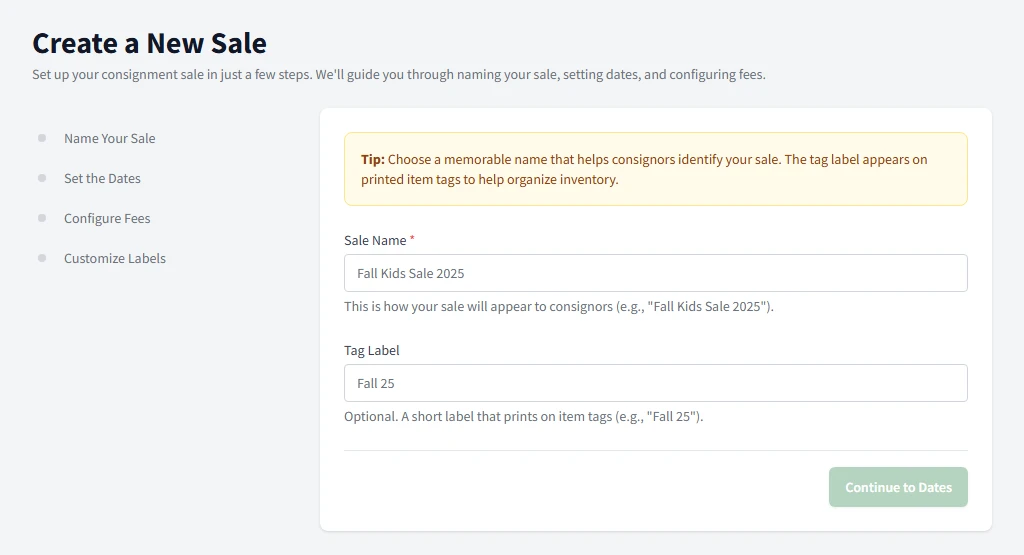 Sale creation wizard showing name and description entry