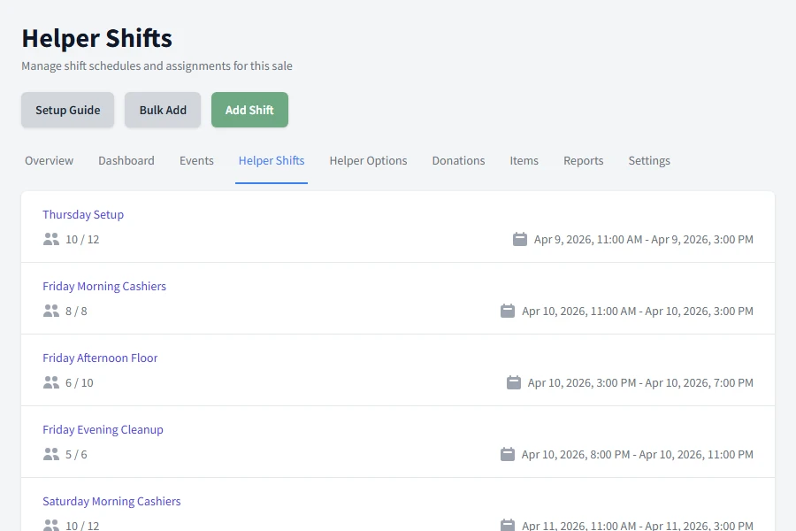 Volunteer shift list showing registration capacity and job assignments