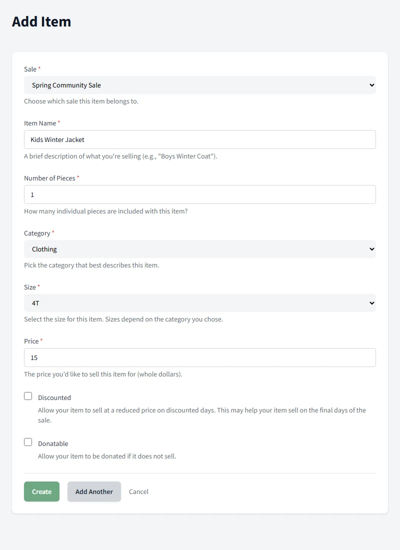 Item creation form with category selection, pricing, and donation options
