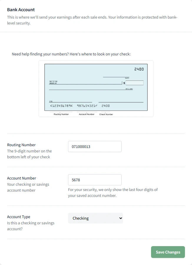 Bank information settings showing saved payment details