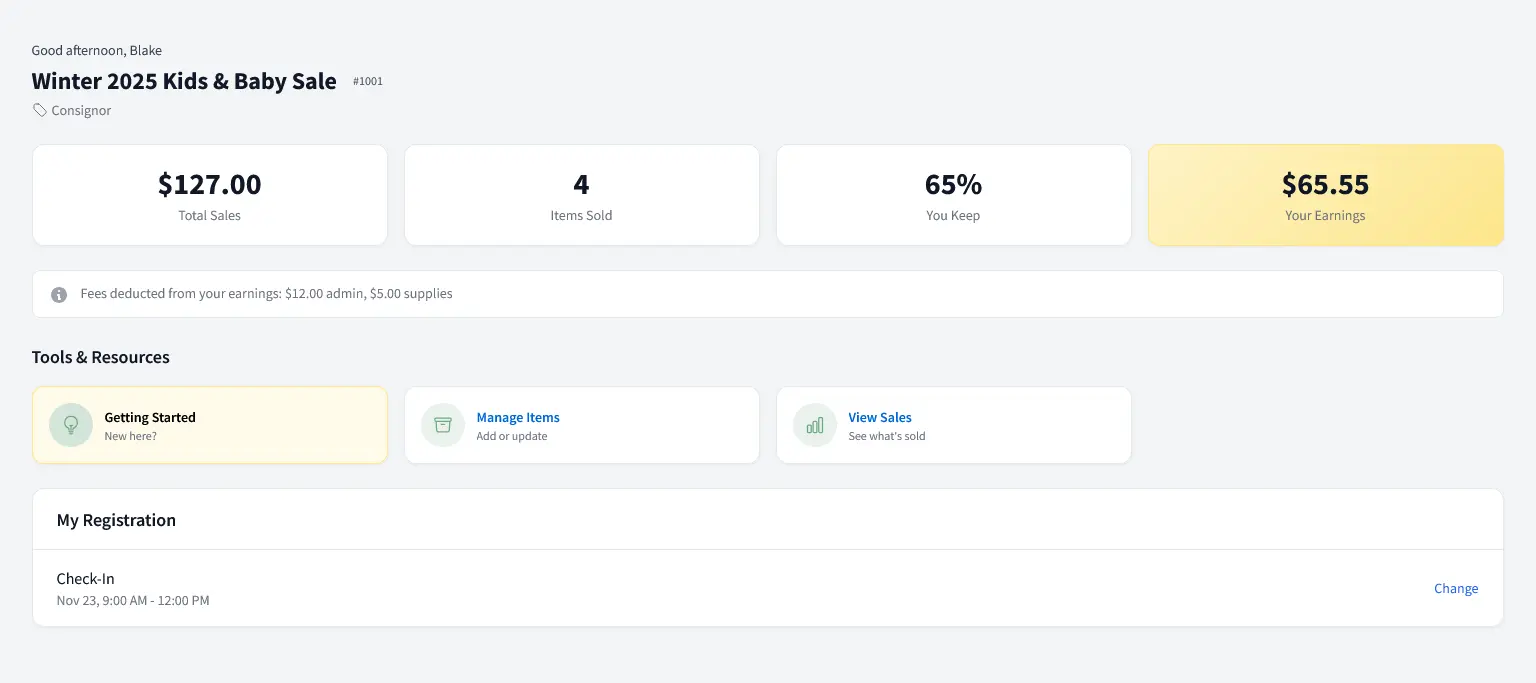 Consignment sale dashboard showing seller earnings, items sold statistics, and quick access tools for managing inventory