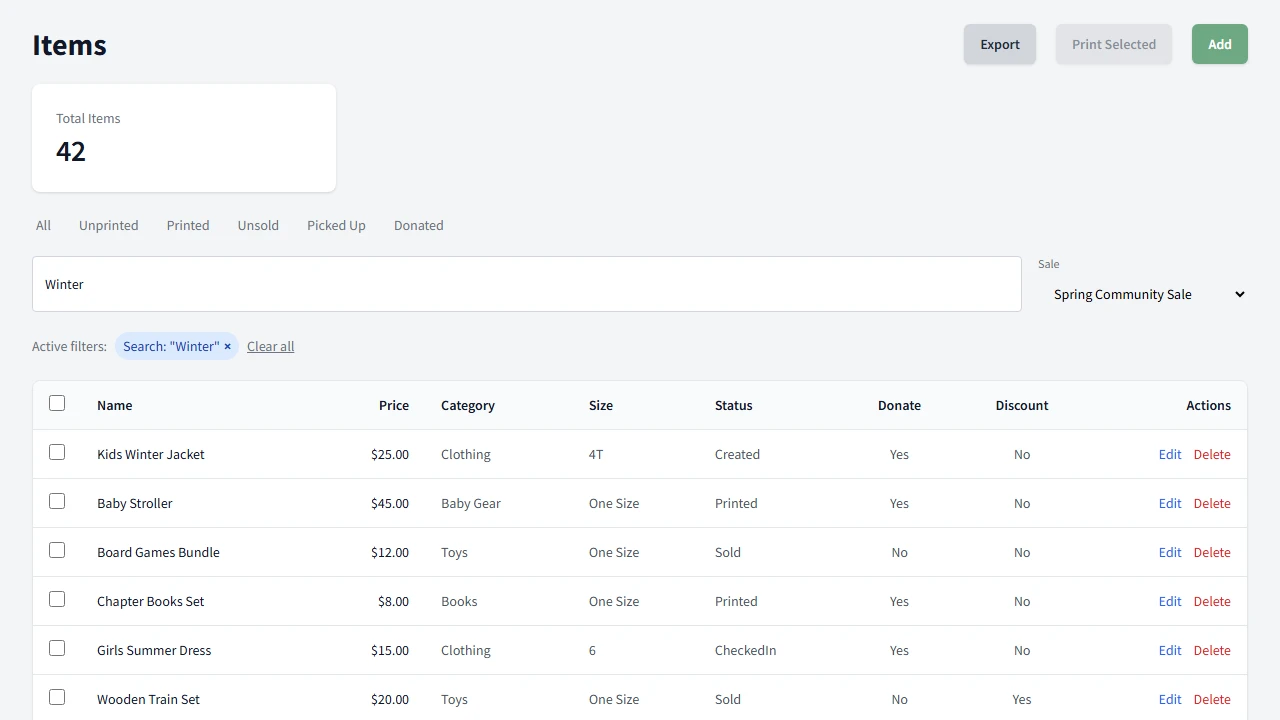 Inventory management table with item names, prices, categories, and print status