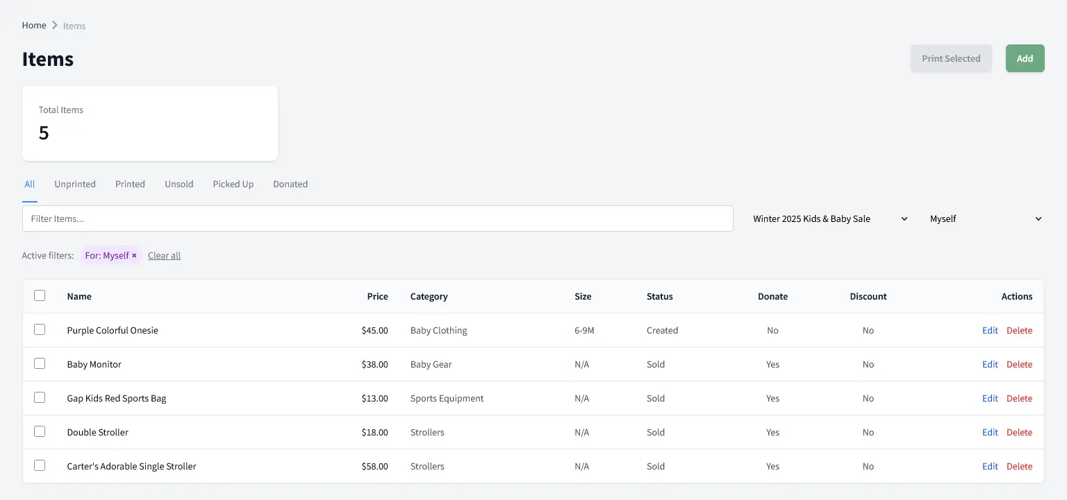 Inventory management table for consignment sellers showing item names, prices, categories, and print status with batch selection