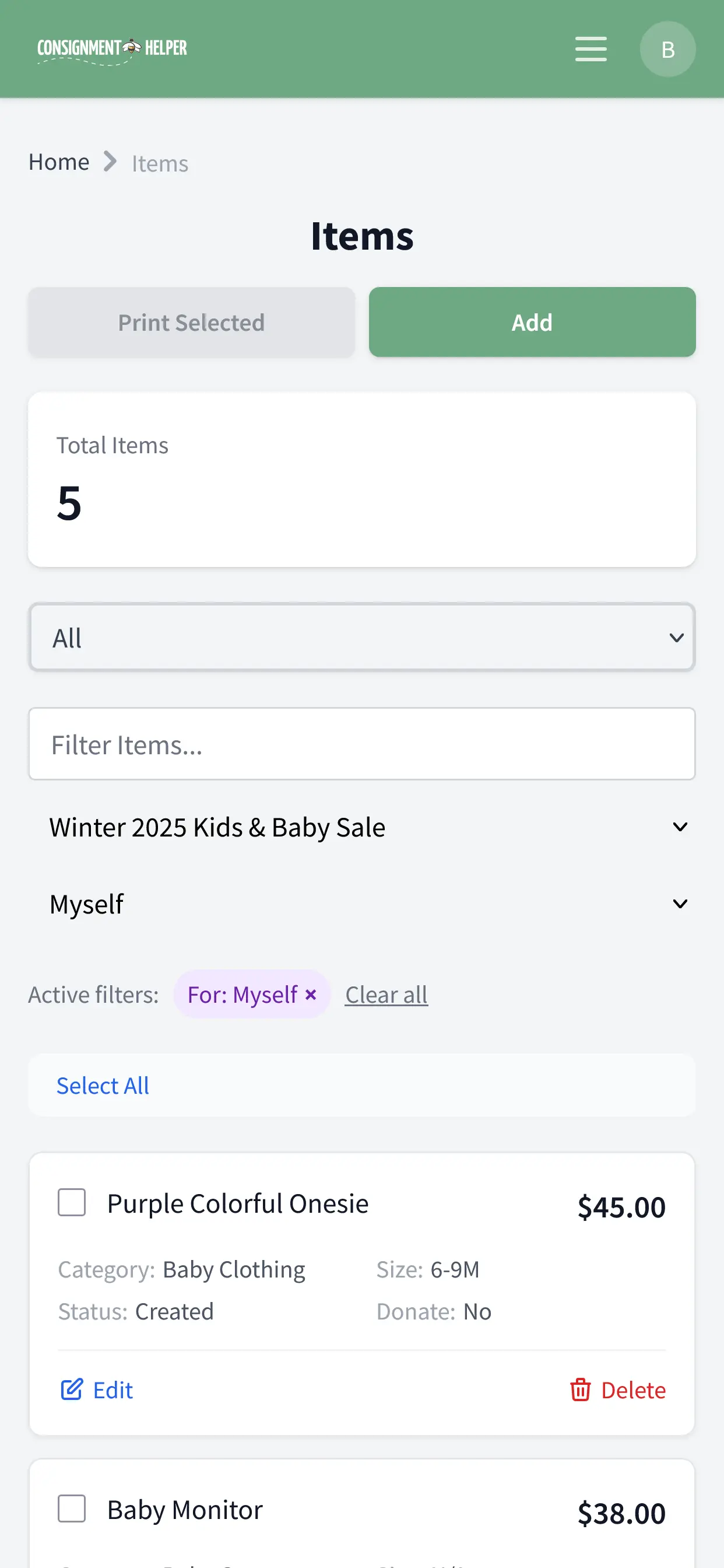 Mobile-friendly inventory management showing item cards with pricing, status, and quick edit actions for on-the-go sellers