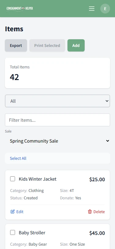 Mobile inventory view with item cards showing pricing and status badges