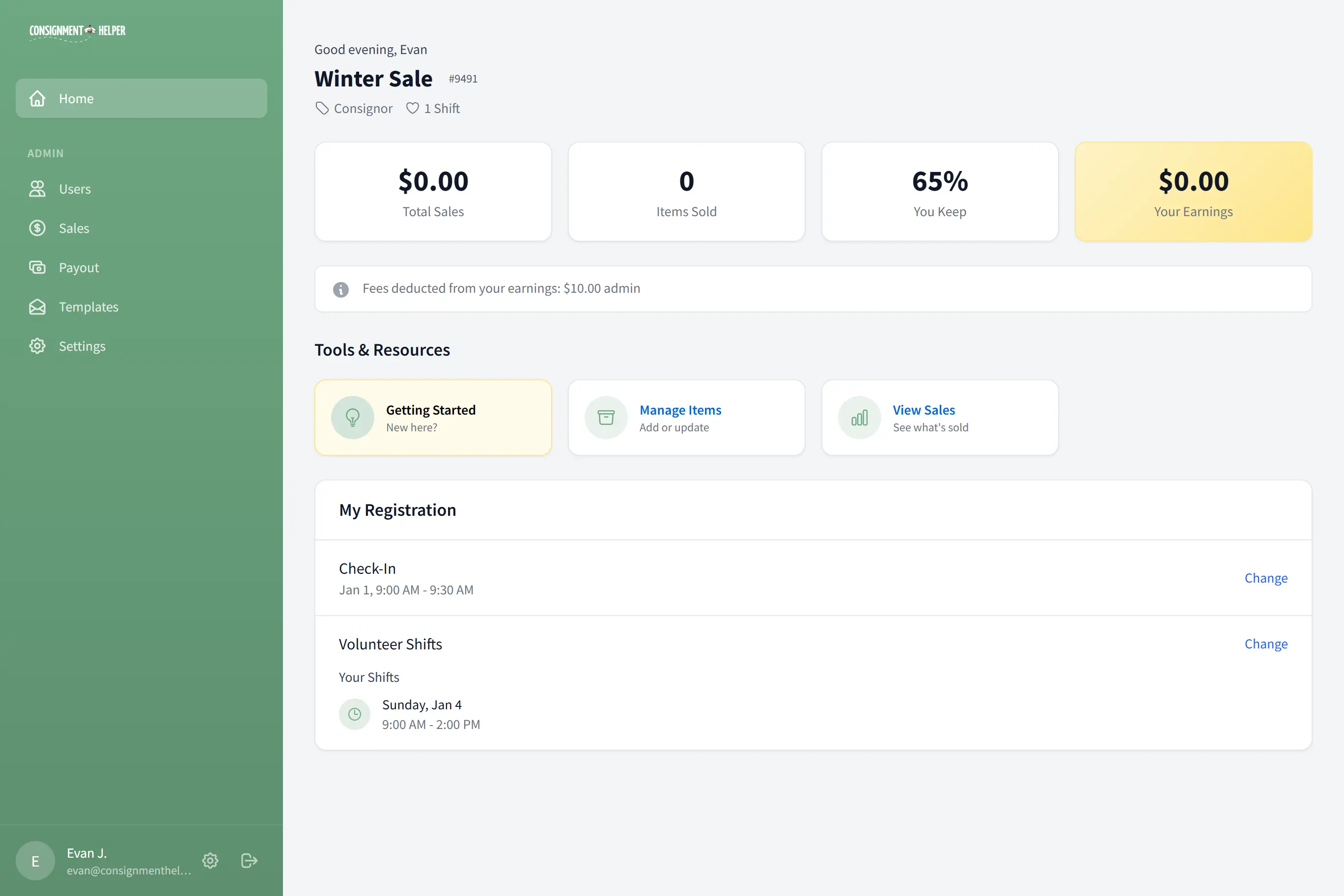 Consignor self-service portal overview showing registration, item management, and account tools for consignment sellers