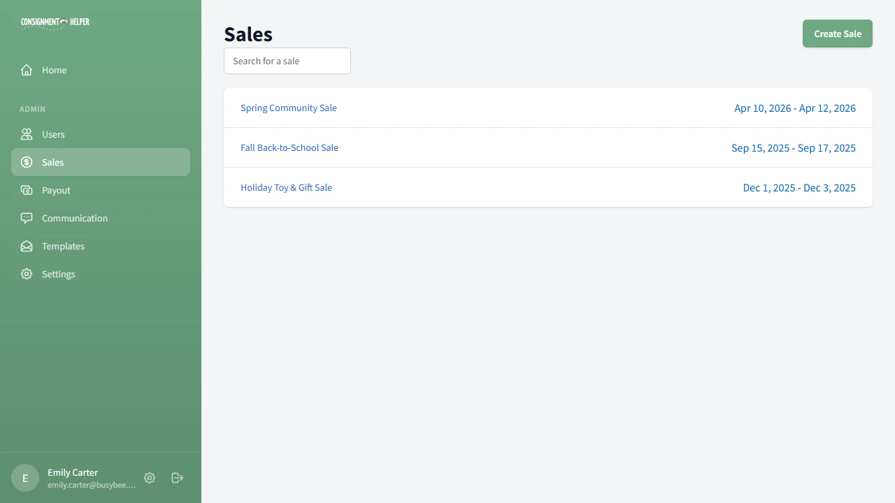 Sales list page showing existing sales