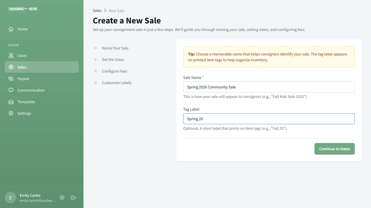 Sale wizard step 1 showing sale name and tag label fields