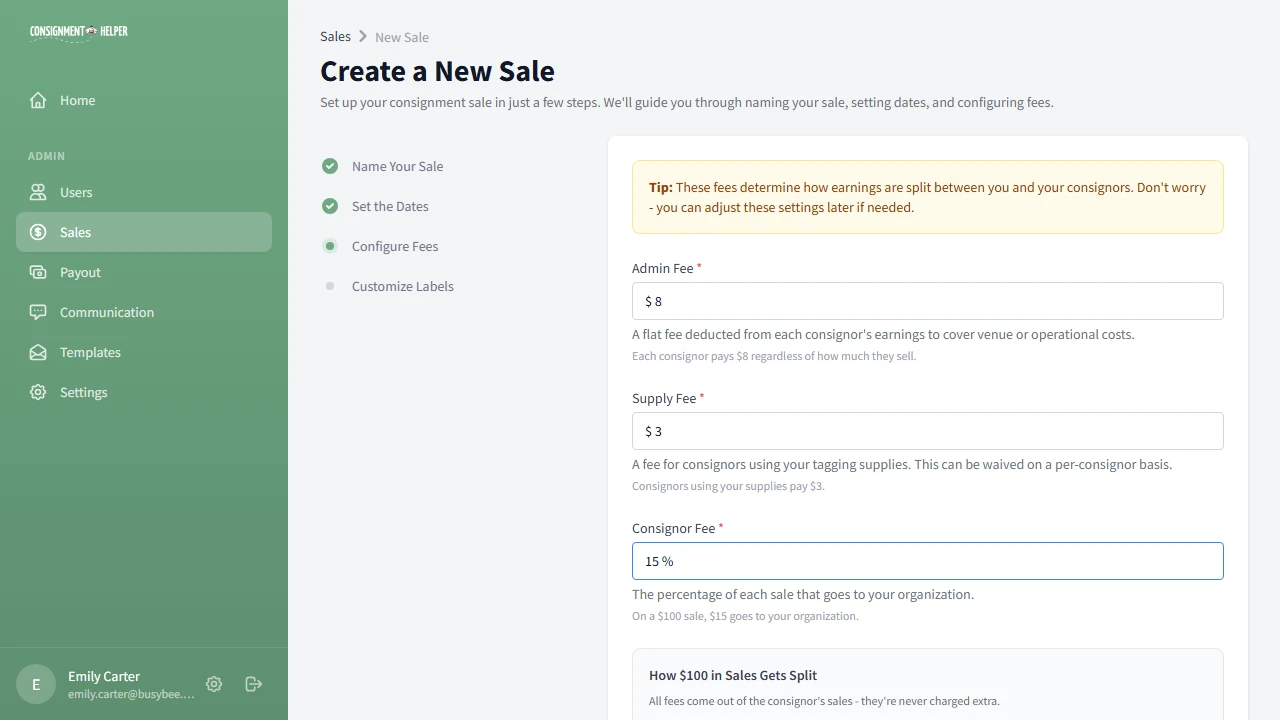 Sale wizard step 3 showing fee configuration with interactive $100 breakdown calculator