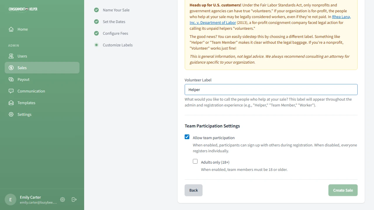 Sale wizard step 4 showing volunteer label customization and team participation settings