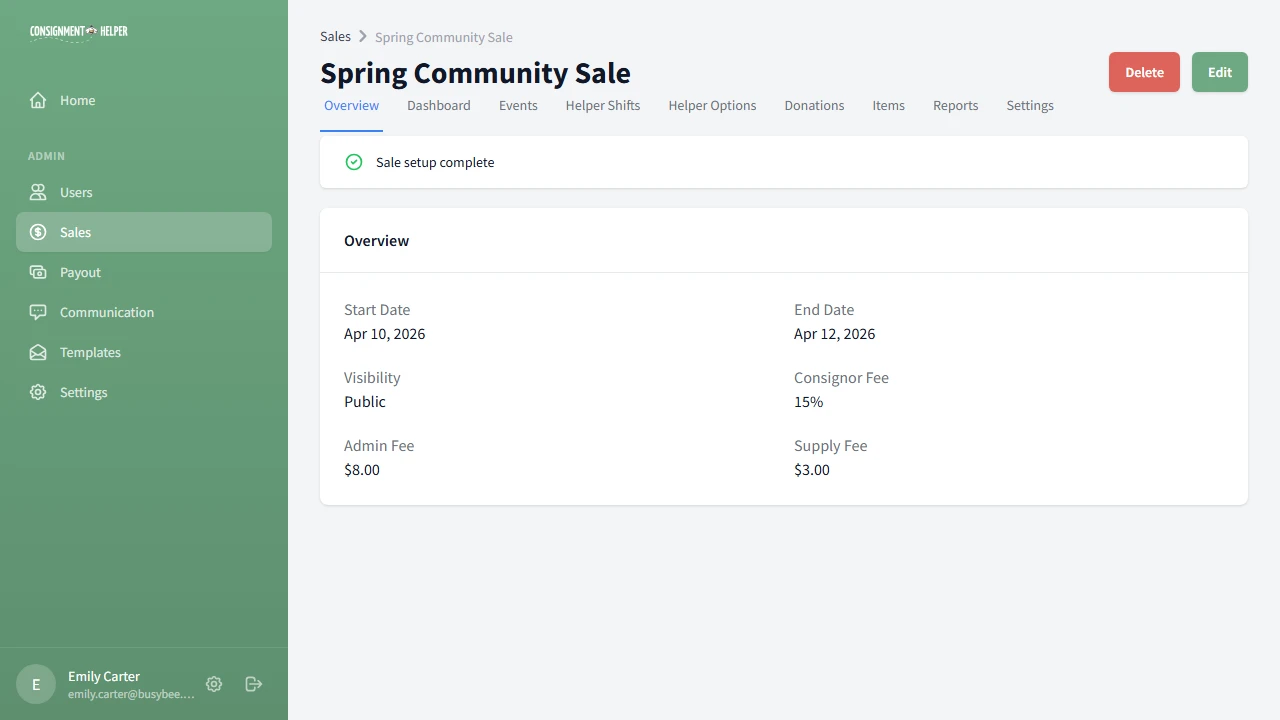 Sale overview page with setup checklist showing progress and sale details