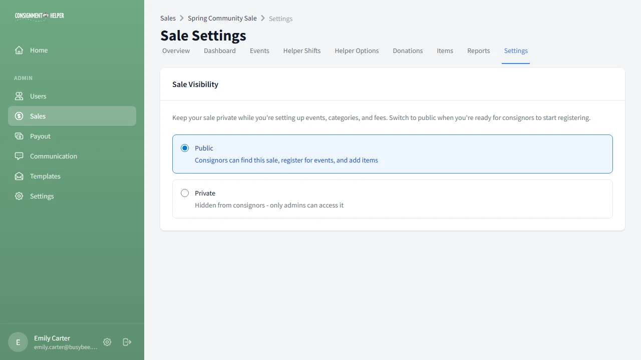 Sale settings page with public and private visibility radio cards