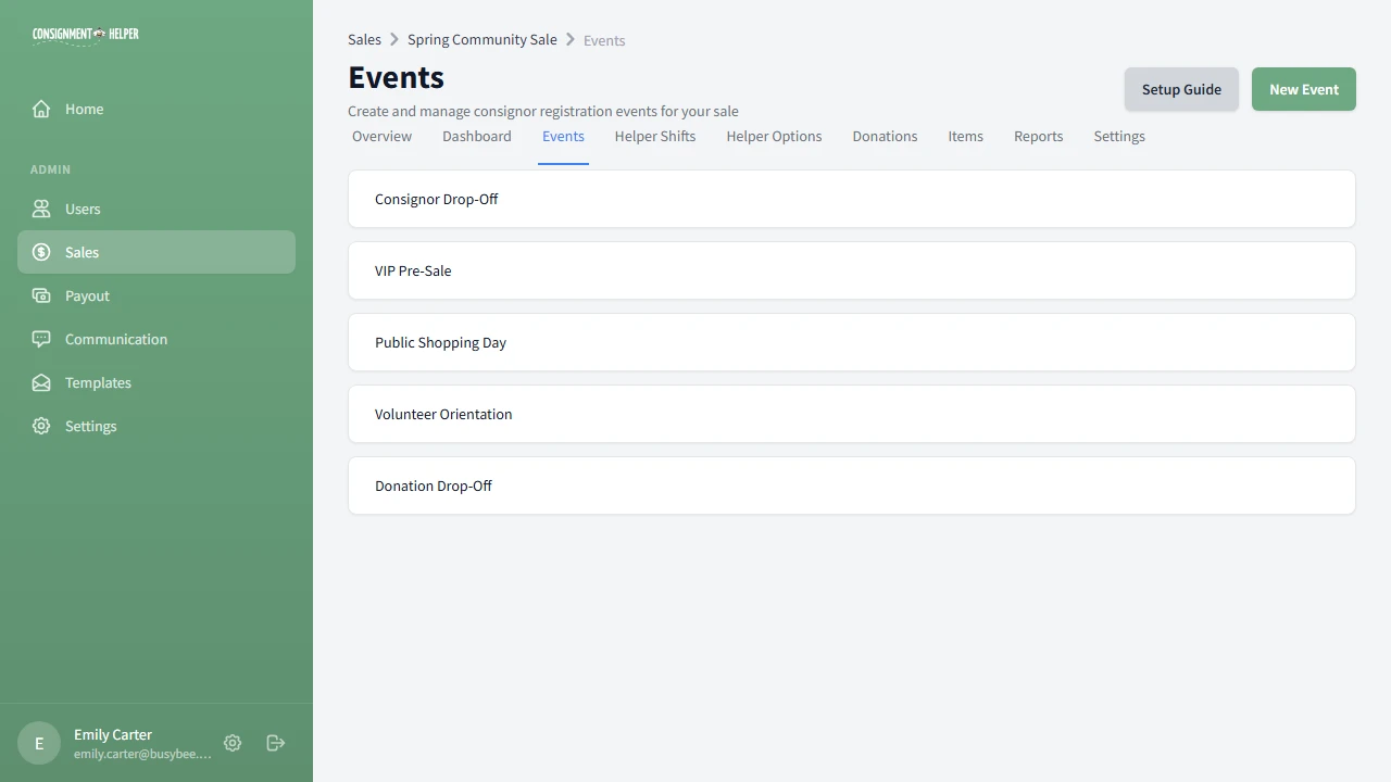 Events list page for a sale