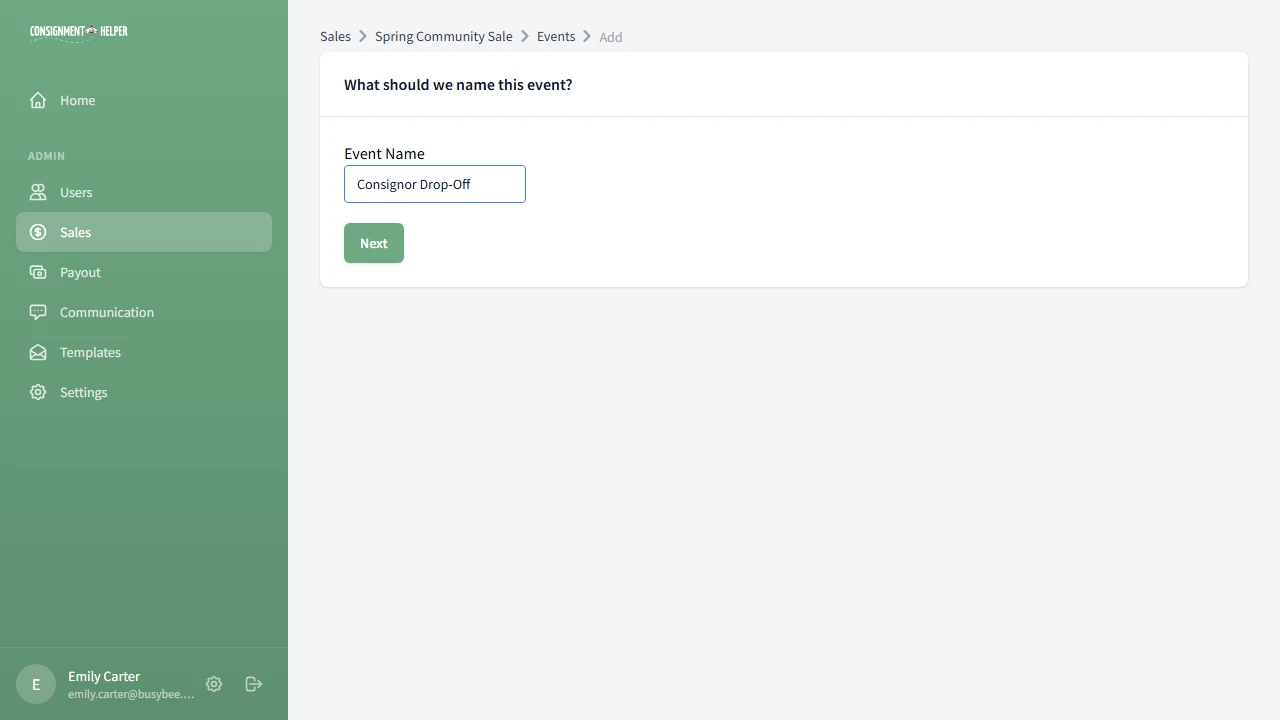 Event wizard step 1 with event name field