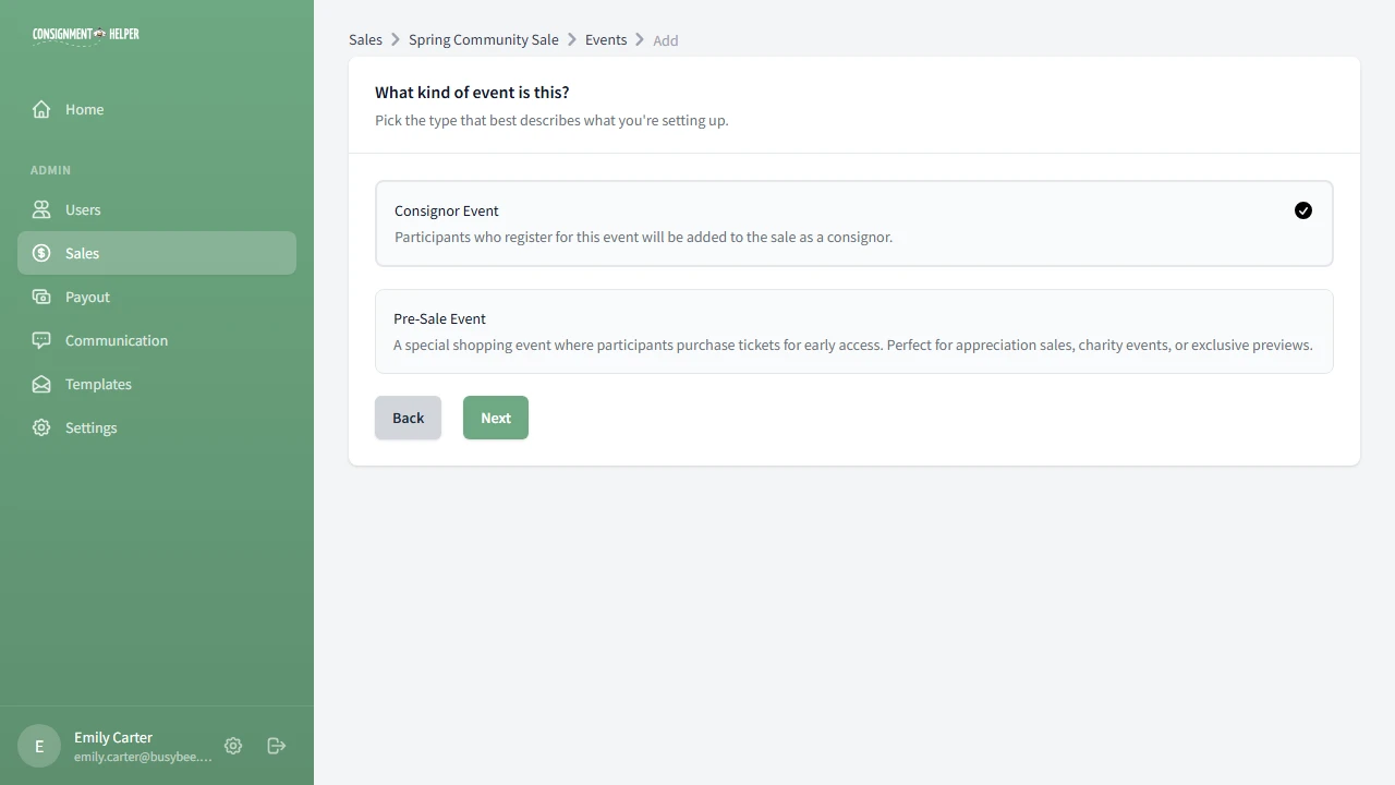 Event type selector with Consignor Event and Pre-Sale Event options