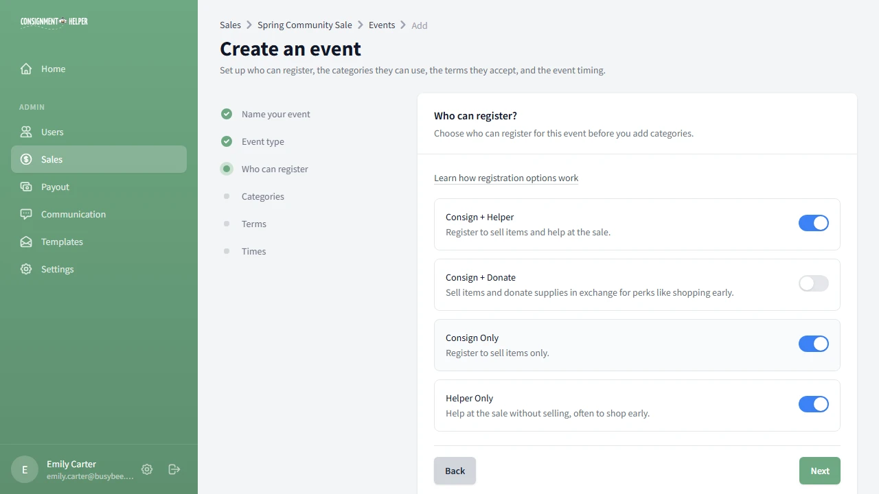 Who can register step with four registration option toggles, three turned on by default
