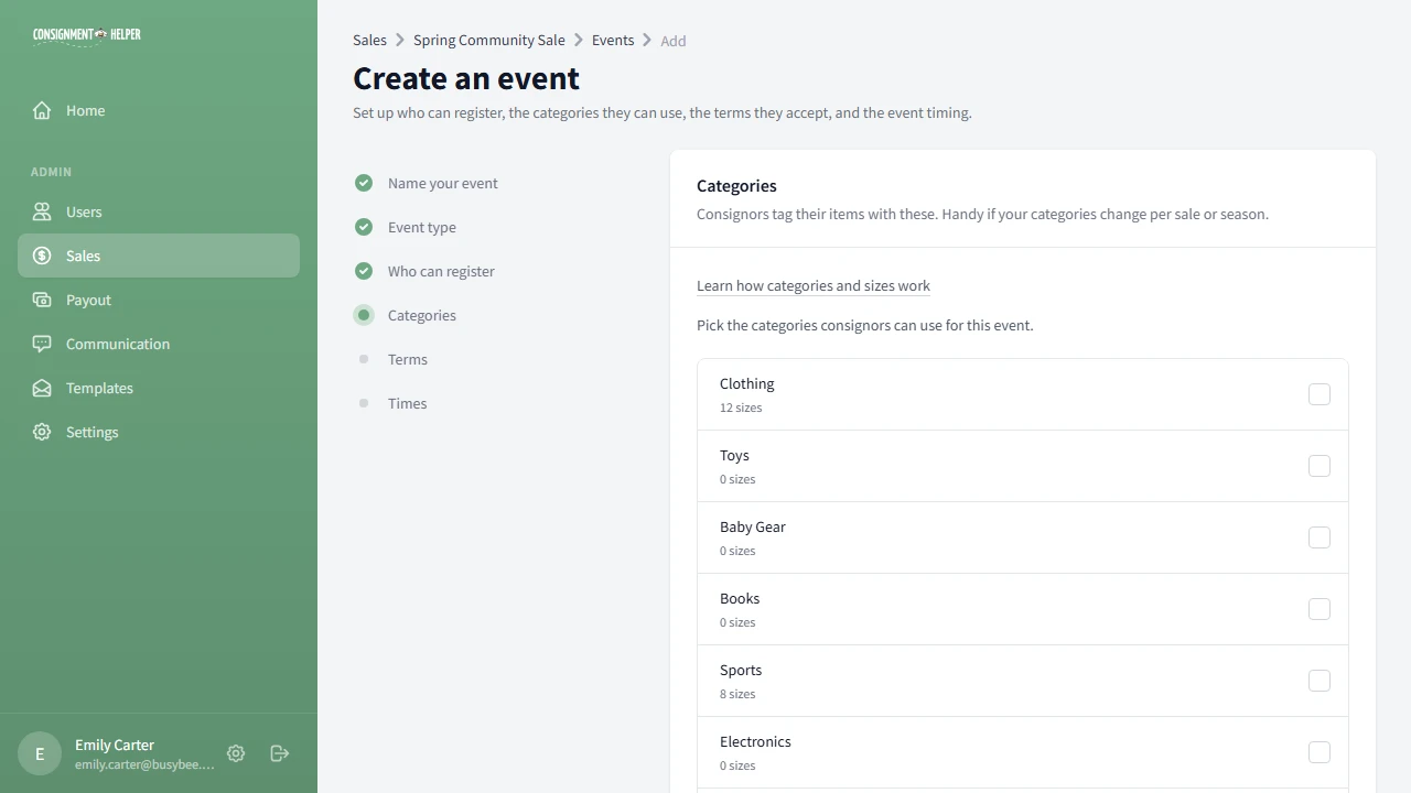 Category selection step with a checklist of categories and an inline add form