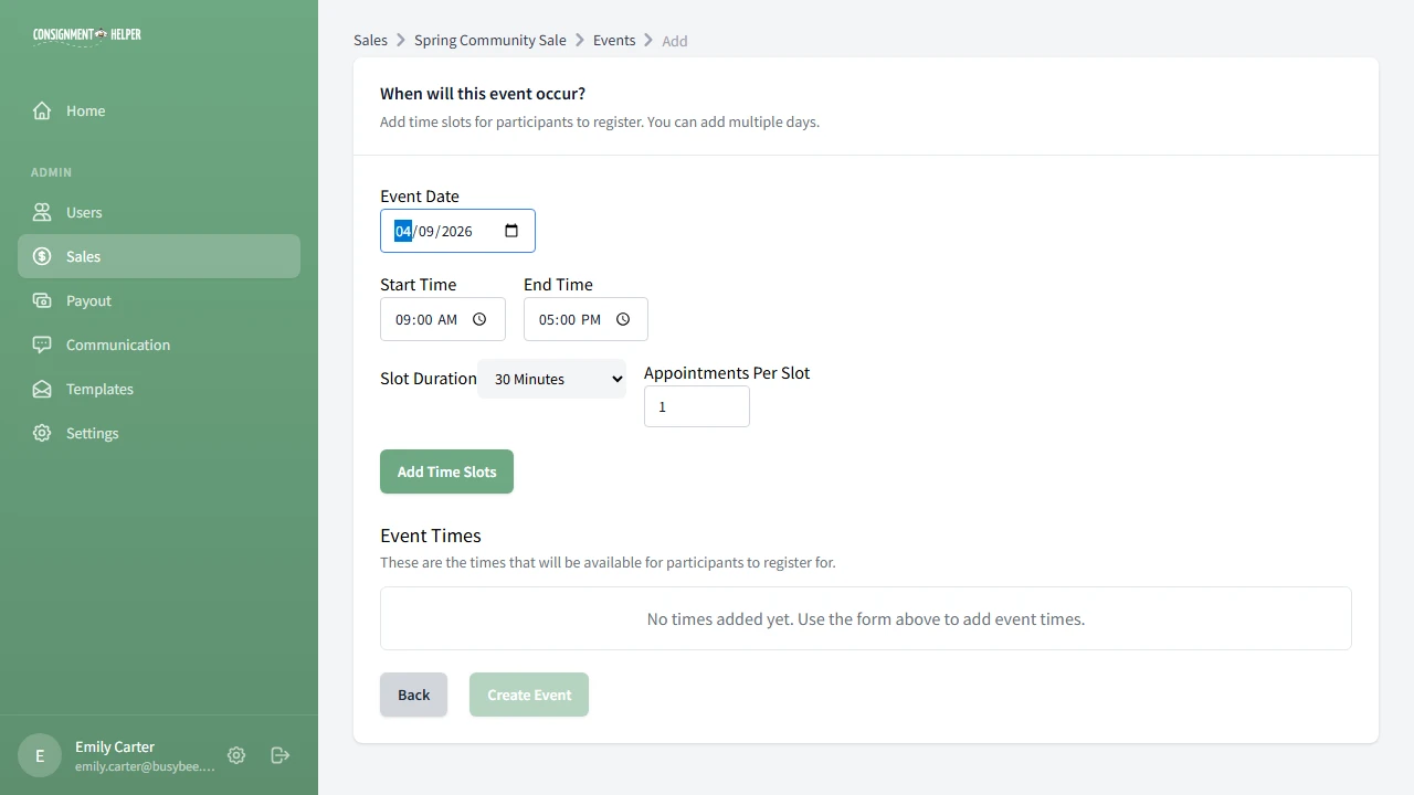 Time slot generator with date, start time, end time, slot duration, and appointments per slot