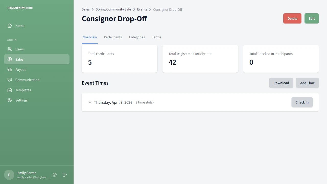 Event overview with stats and collapsible time slot groups showing registration counts