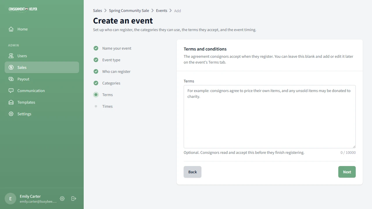 Optional terms and conditions step with a text area and character counter