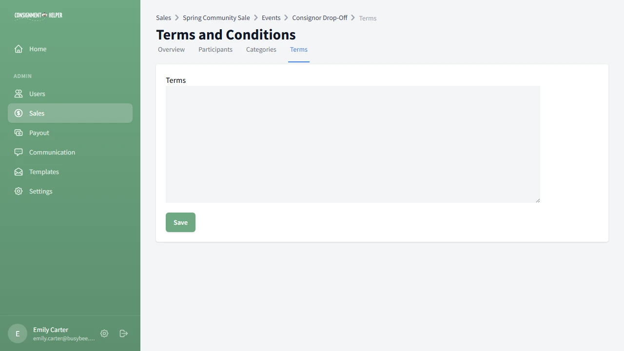 Event terms and conditions editor with textarea and save button