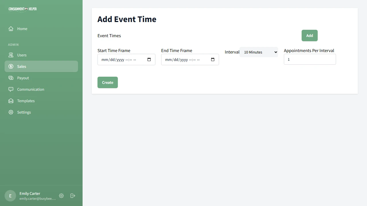 Add Event Time page with date-time inputs and interval dropdown