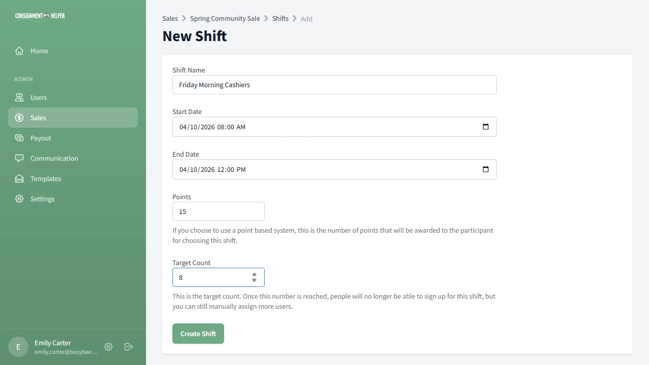 Create shift form with name, start and end datetime, points, and target fields