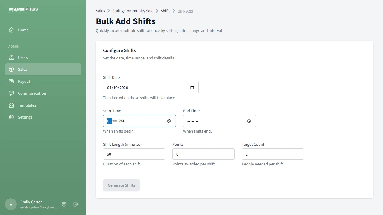 Bulk shift creation page with date, time range, interval, and generated shift preview