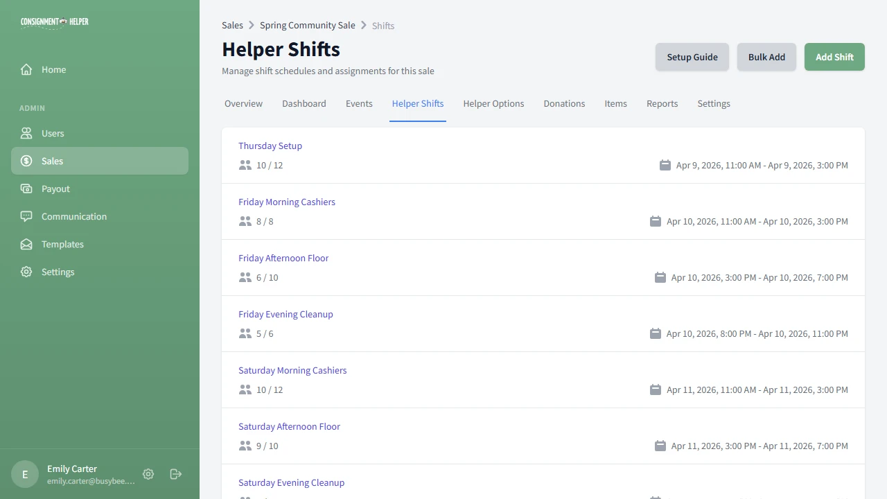 Shifts list showing multiple shifts with dates, times, and registration counts