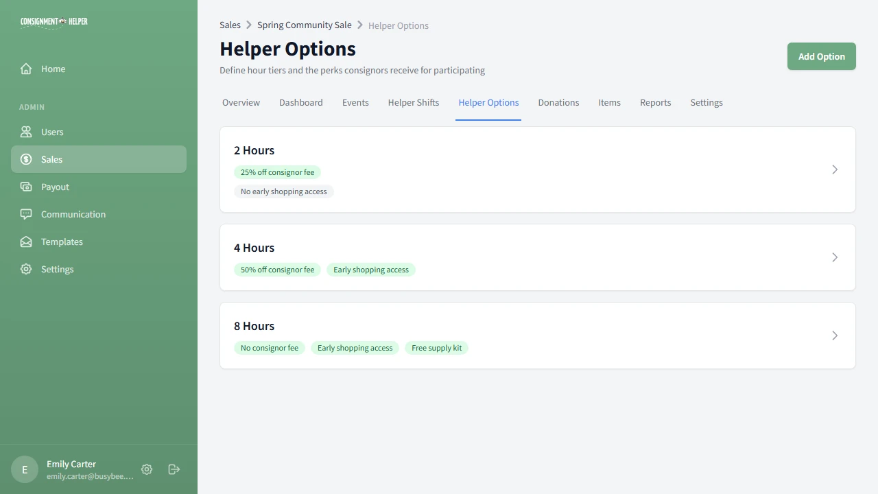Volunteer options list page