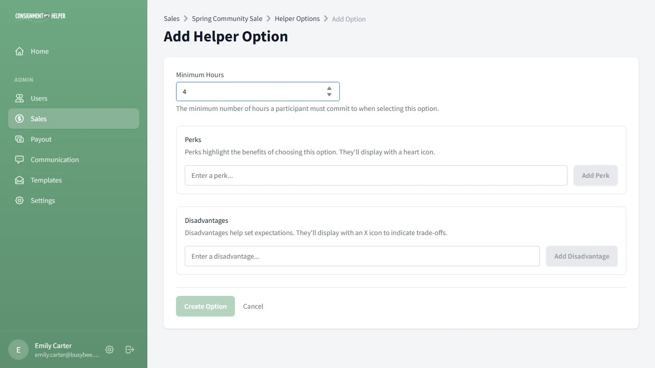 Add volunteer option form with hours, perks list, and disadvantages list