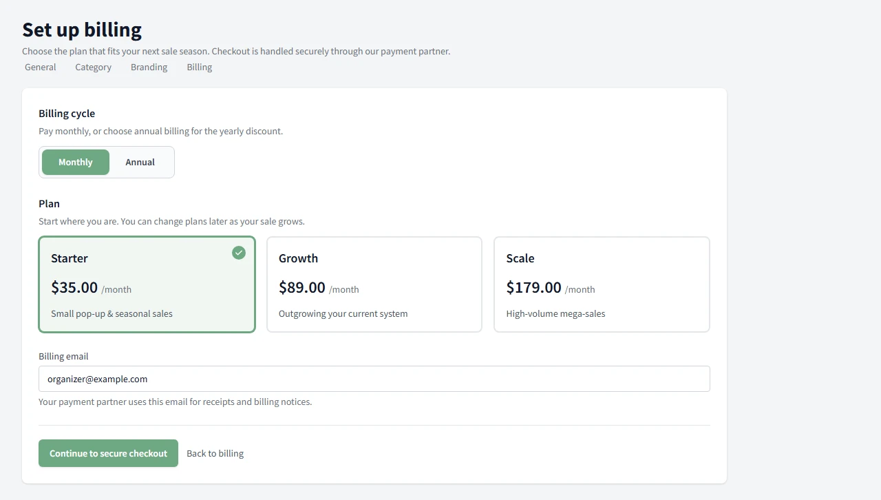 Billing plans screen showing the Starter, Growth, and Scale tiers.