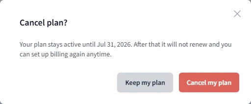 Cancel plan confirmation modal.