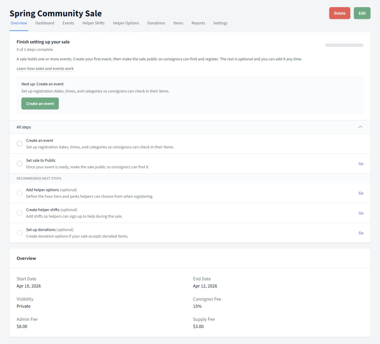 Sale overview screen showing the setup helper and next step callout.
