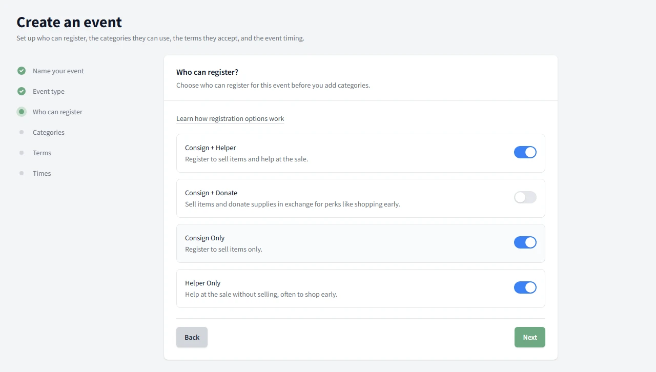 The event setup screen showing the registration option toggles turned on by default.