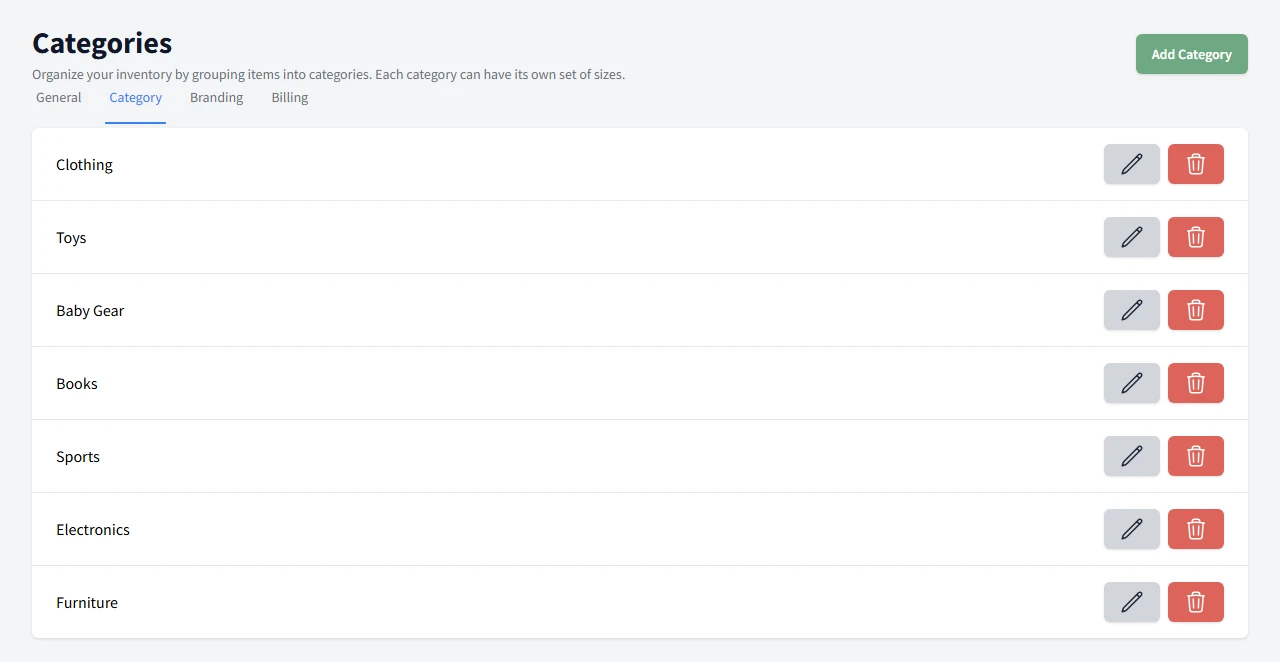 The Settings Categories screen showing the master list with an Add Category button and edit and delete controls for each category.
