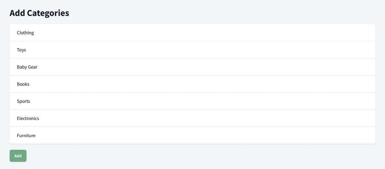 The Add Categories screen for an event, where you pick categories from your master list to offer on that event.