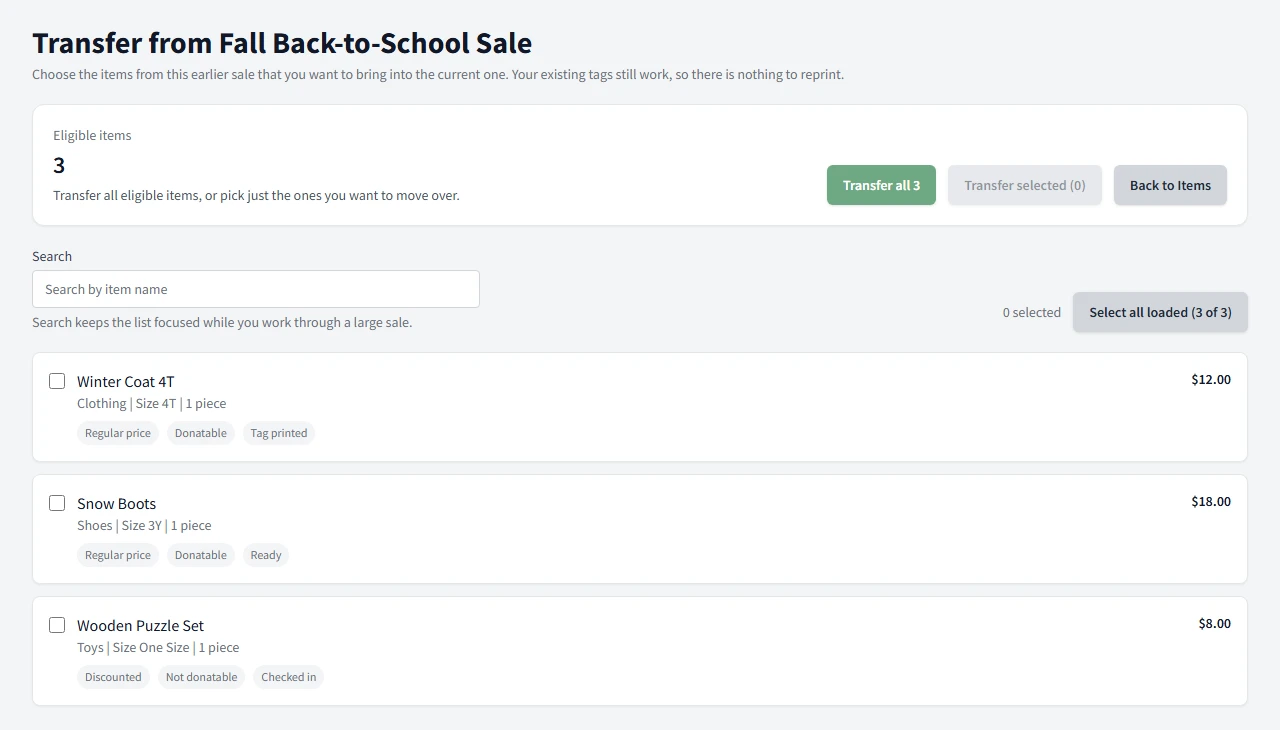 The transfer item picker with items selected and a Transfer all option.