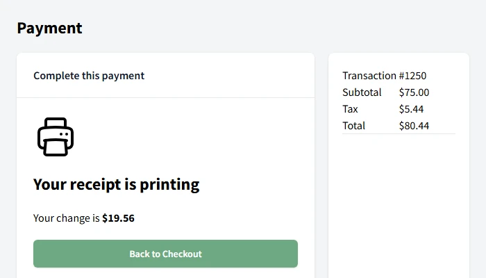 Payment success confirmation showing change due and receipt status