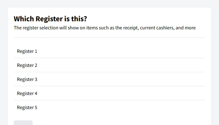 Register selection screen for configuring checkout stations