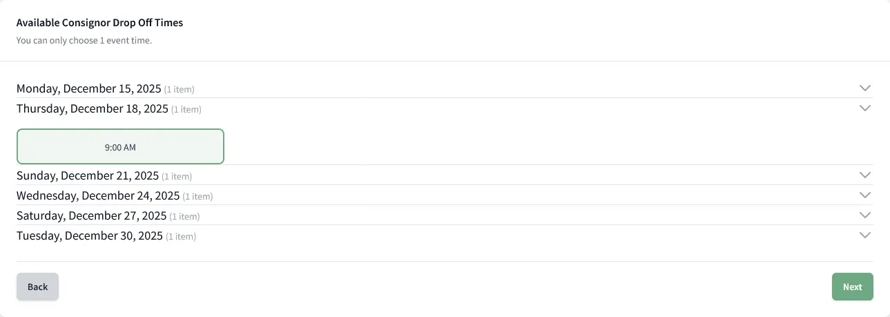 Check-in time slot picker showing available drop-off times with remaining capacity for consignment item submission
