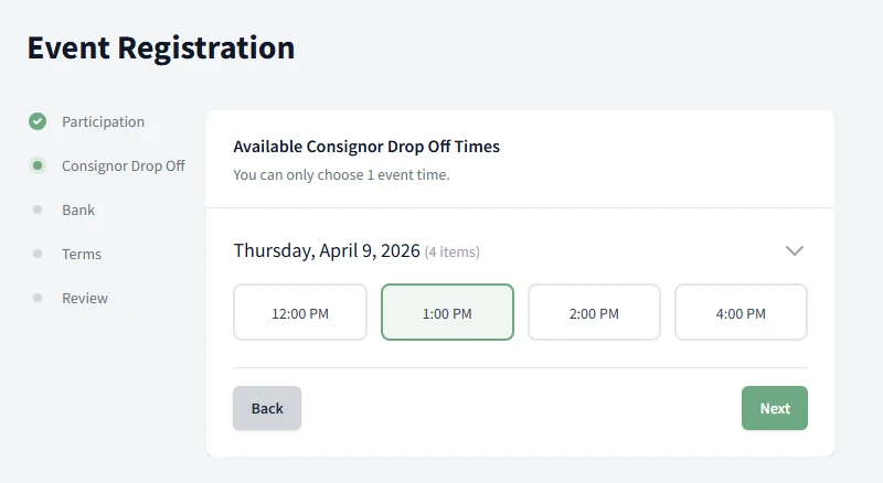 Check-in time slot picker showing available drop-off appointments with capacity