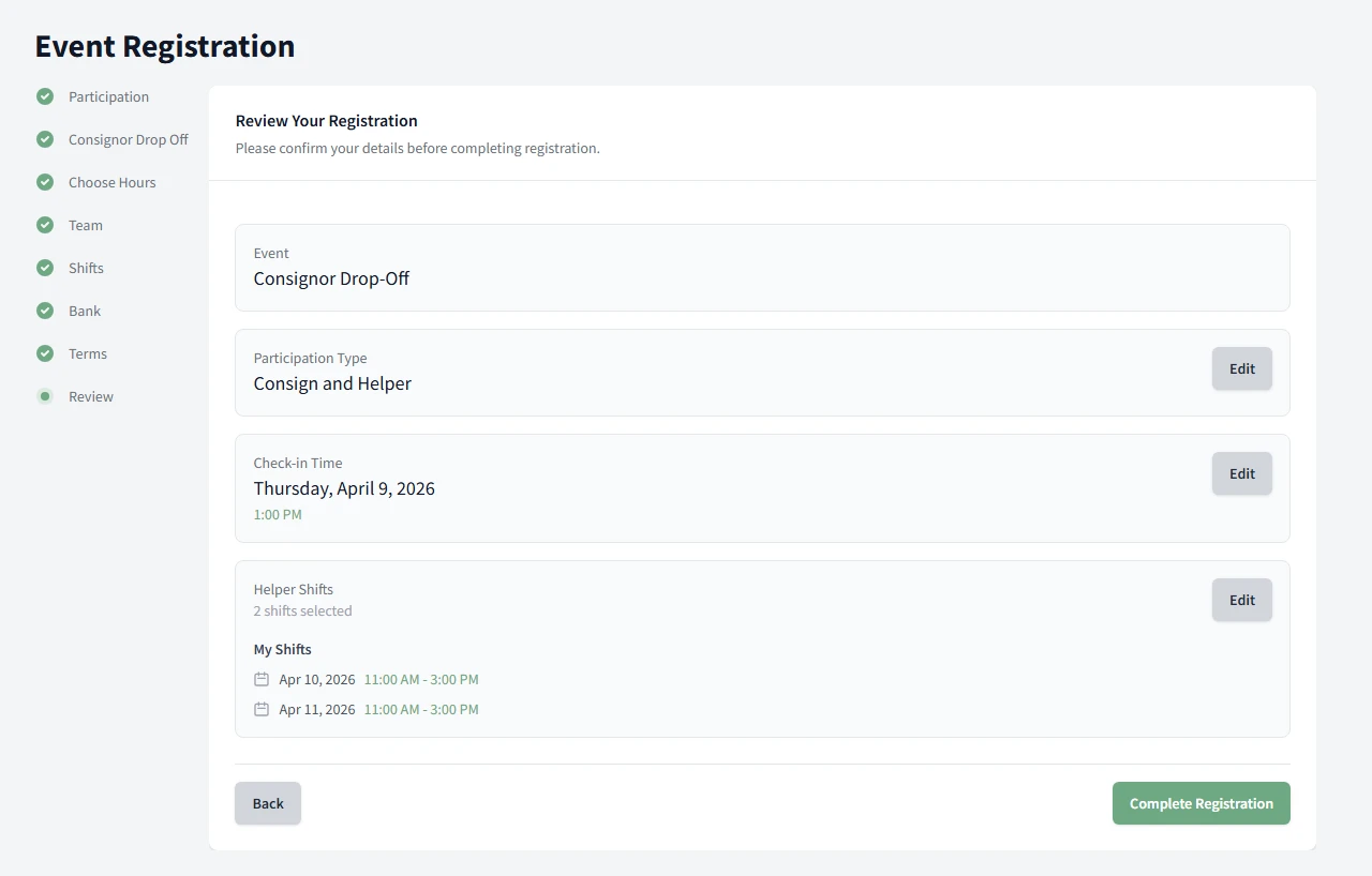 Registration review showing event, participation type, check-in time, and volunteer shifts