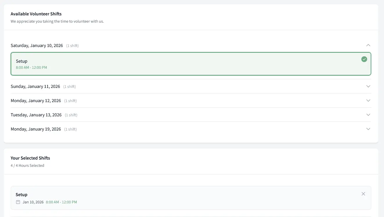 Volunteer shift selection interface showing available time slots for helping at the consignment sale event