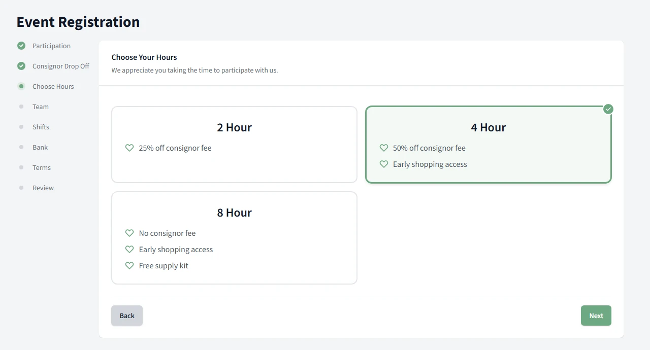 Self-service volunteer signup with shift selection